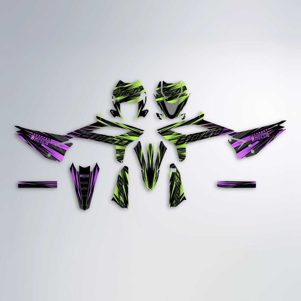RAGE Beta graphics kit parts layout in Purple & Yellow