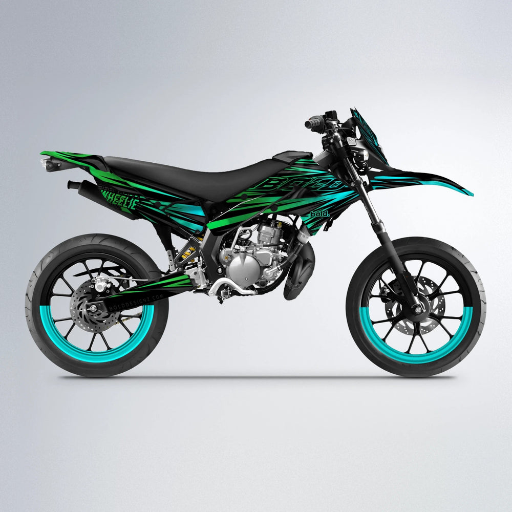 RAGE Derbi Senda supermoto graphics kit in Cyan & Green