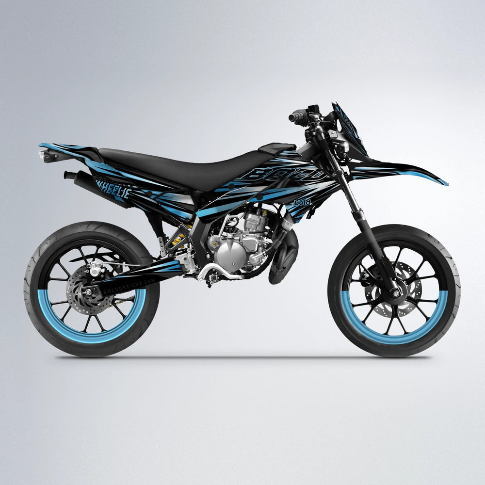 RAGE Derbi Senda supermoto graphics kit in Light Blue & White