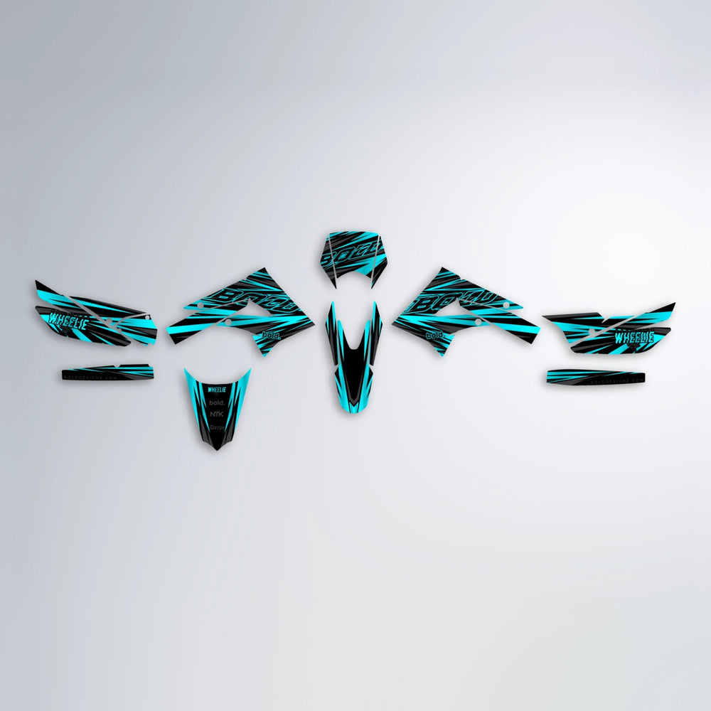 RAGE Derbi Senda graphics kit parts layout in Teal