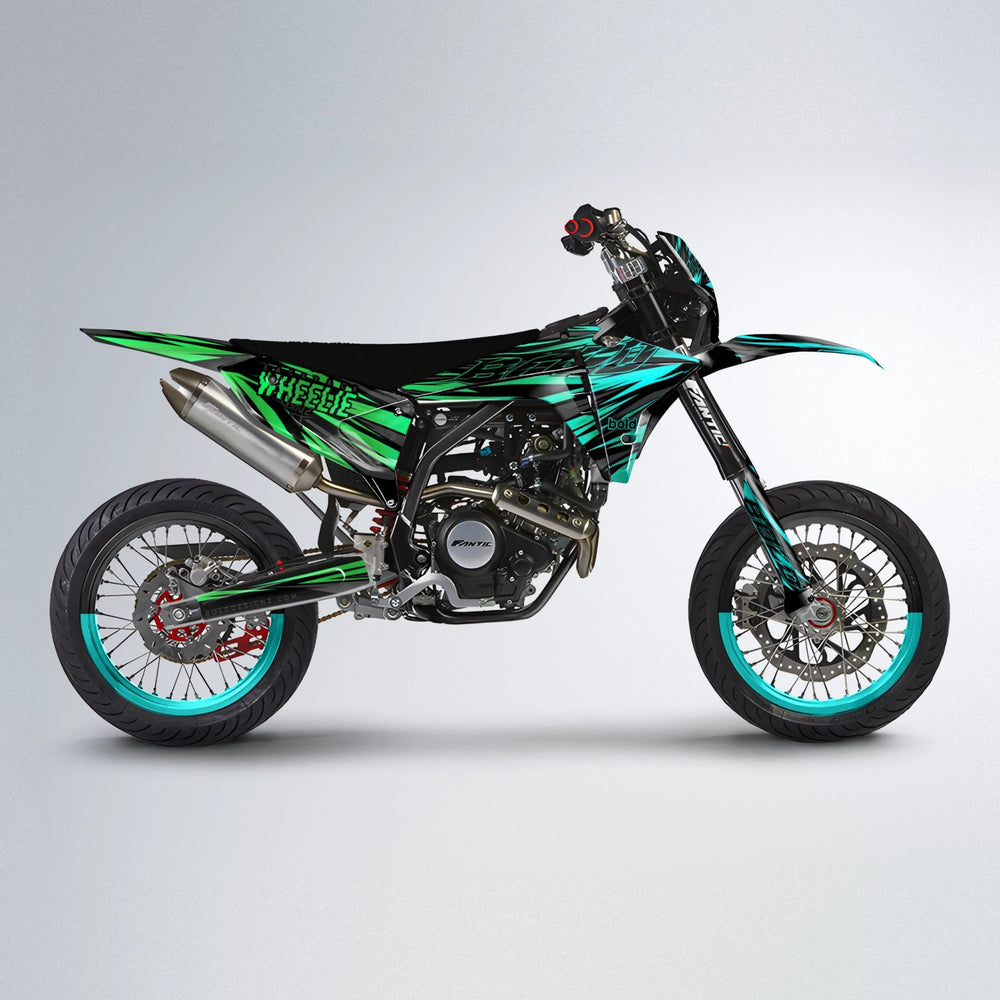 RAGE Fantic supermoto graphics kit in Cyan & Green