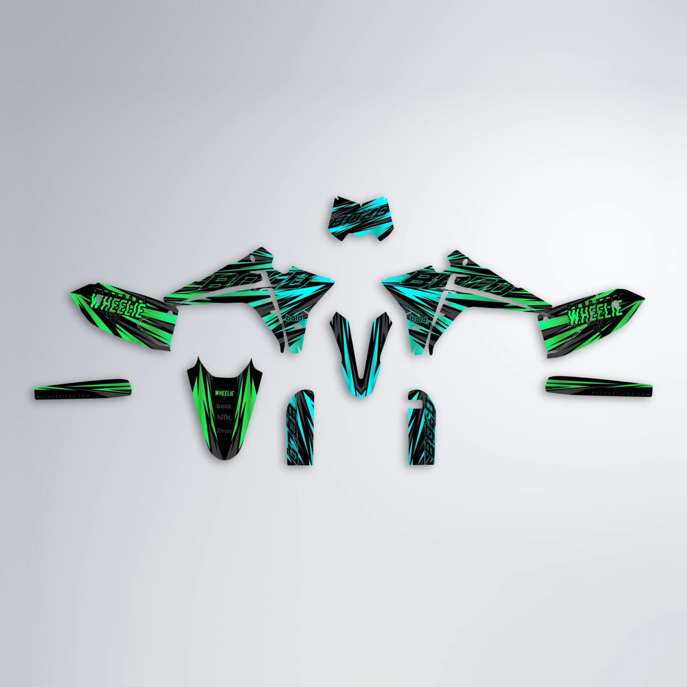RAGE Fantic graphics kit parts layout in Cyan & Green