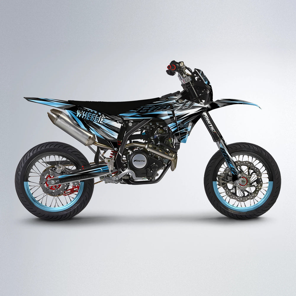 RAGE Fantic supermoto graphics kit in Light Blue & White