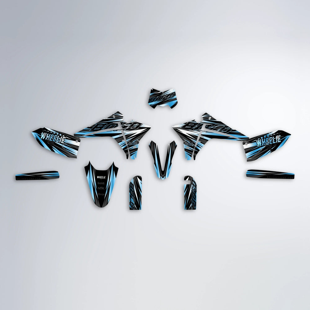 RAGE Fantic graphics kit parts layout in Light Blue & White