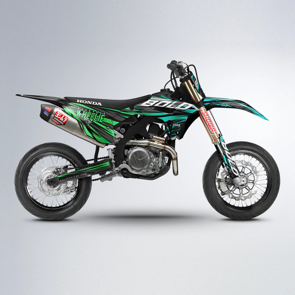 RAGE Honda supermoto graphics kit in Cyan & Green