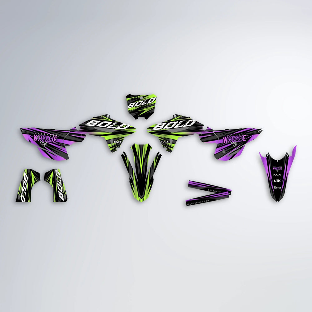 RAGE Honda graphics kit parts layout in Purple & Yellow