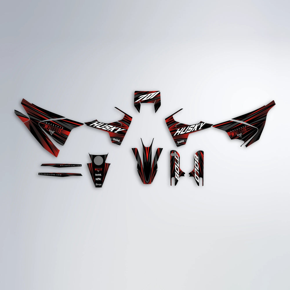RAGE Husqvarna 701 graphics kit parts layout in Black & Red