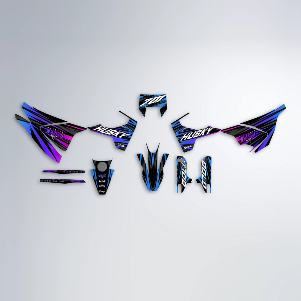 RAGE Husqvarna 701 graphics kit parts layout in Blue Purple Fade