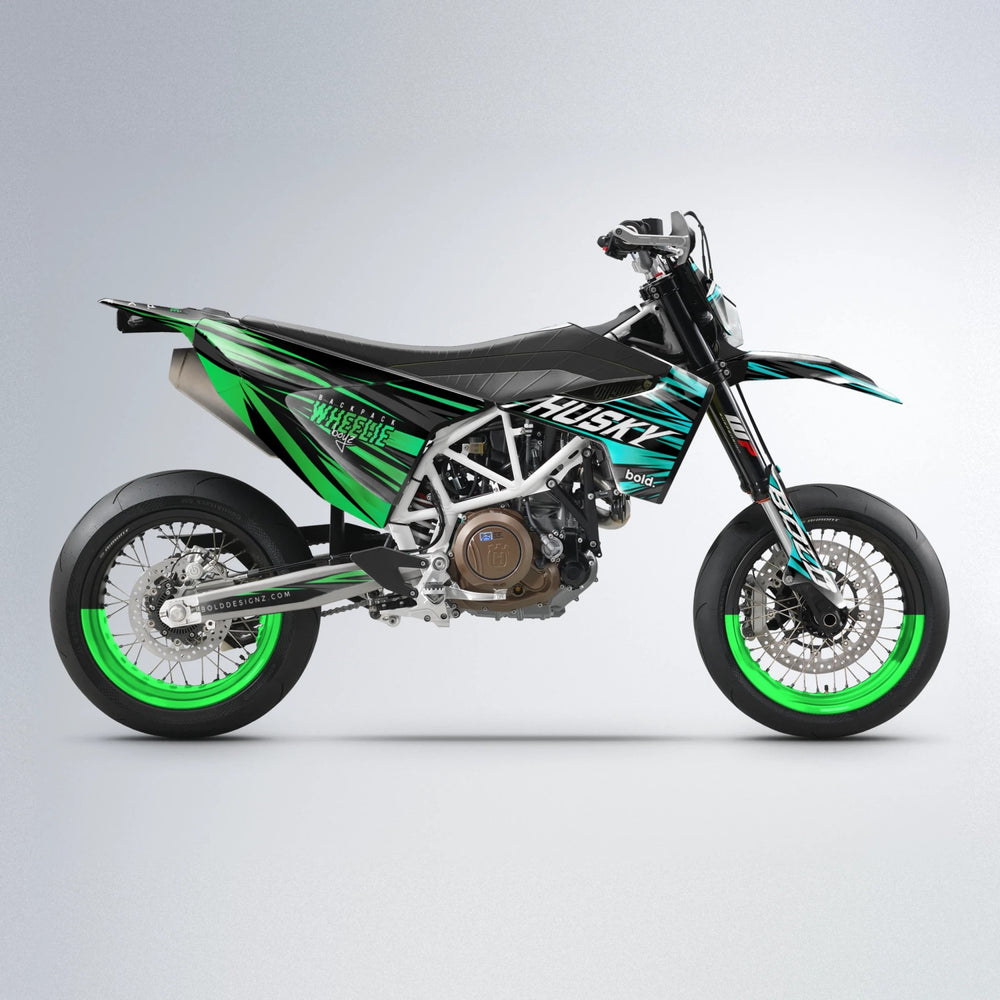 RAGE Husqvarna 701 supermoto graphics kit in Cyan & Green