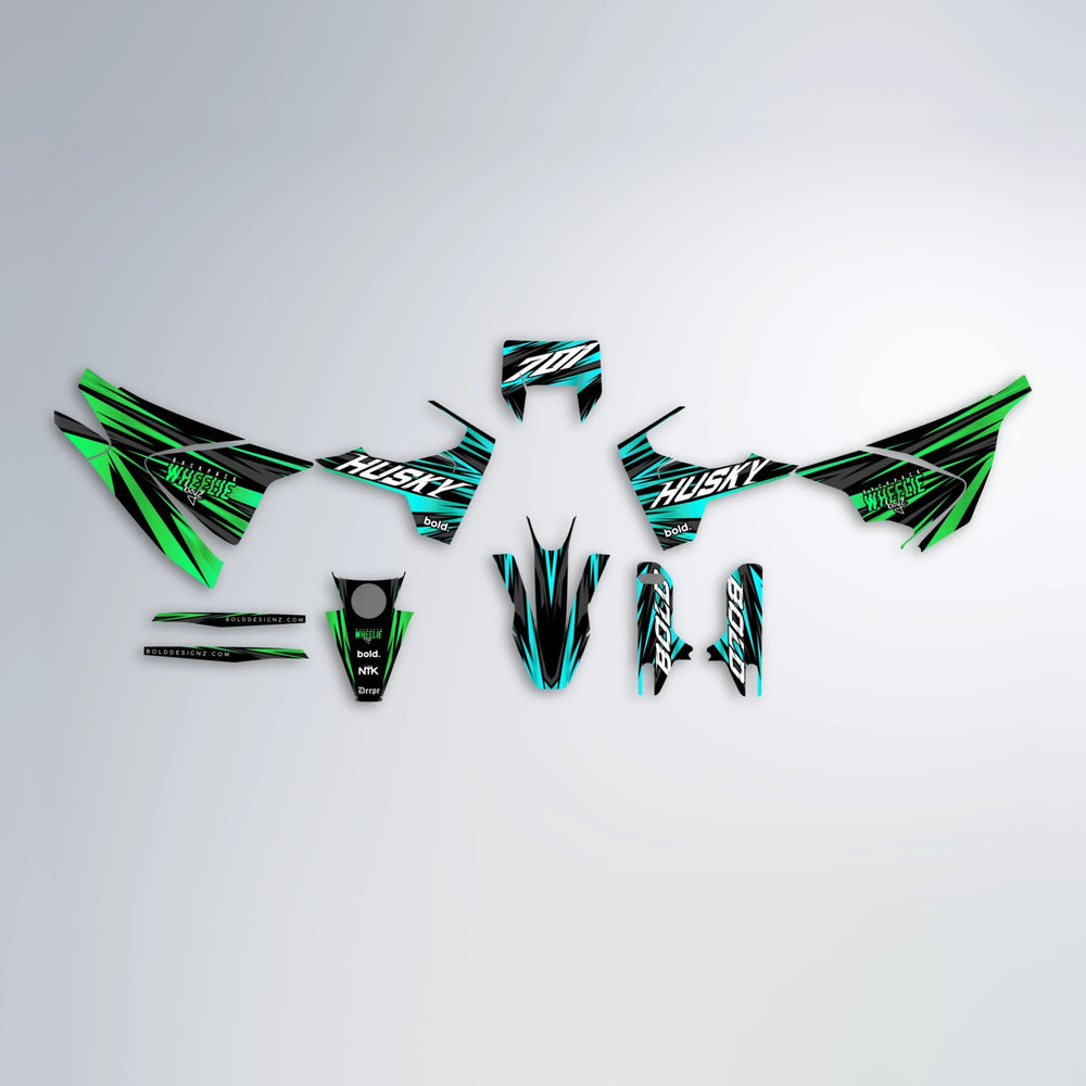 RAGE Husqvarna 701 graphics kit parts layout in Cyan & Green