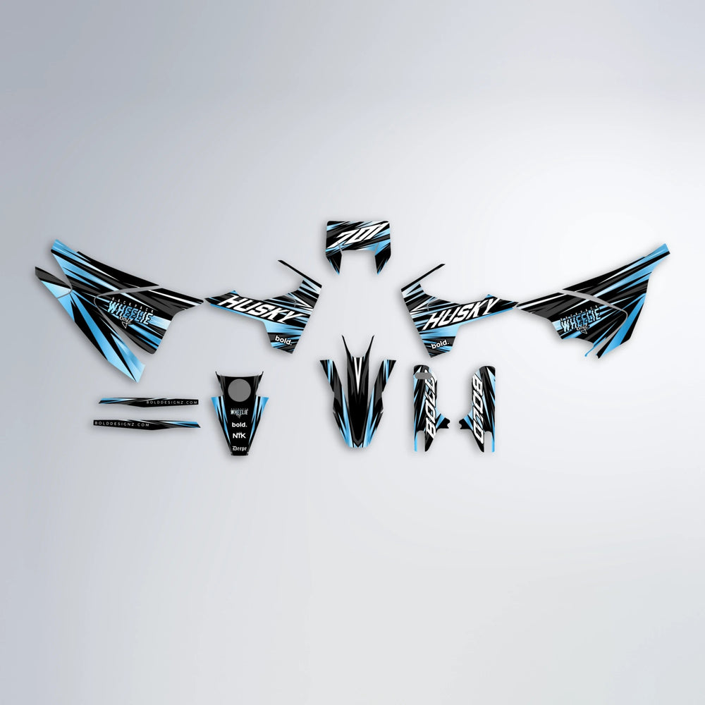 RAGE Husqvarna 701 graphics kit parts layout in Light Blue & White