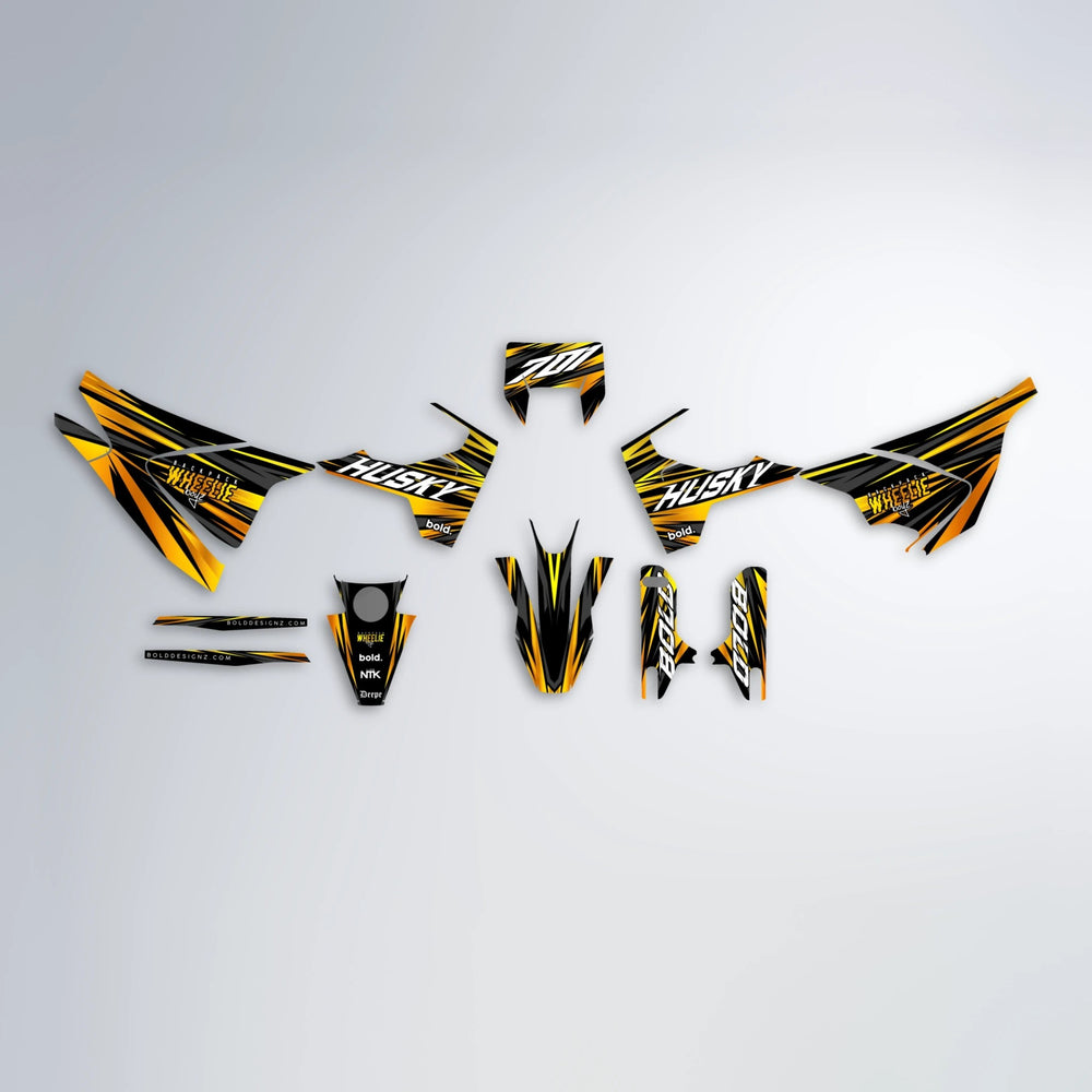 RAGE Husqvarna 701 graphics kit parts layout in Orange & Yellow