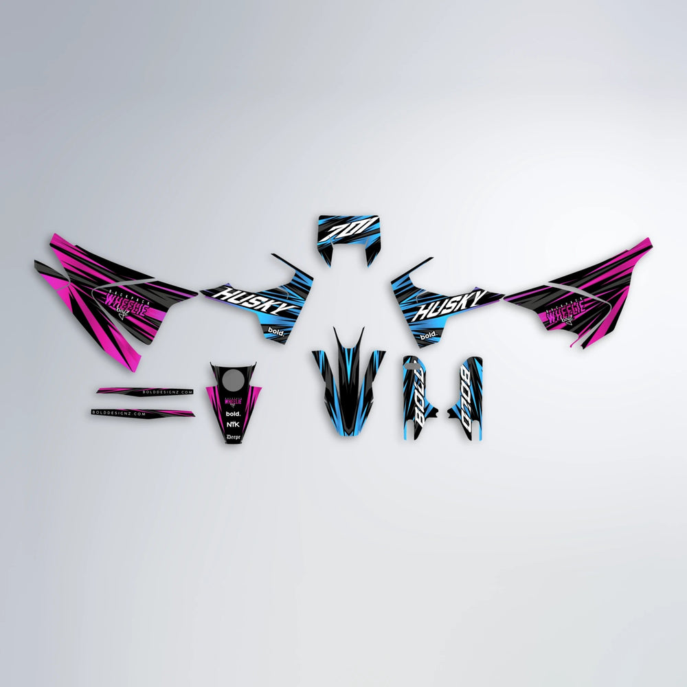 RAGE Husqvarna 701 graphics kit parts layout in Pink & Light Blue