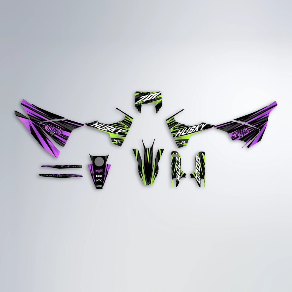 RAGE Husqvarna 701 graphics kit parts layout in Purple & Yellow