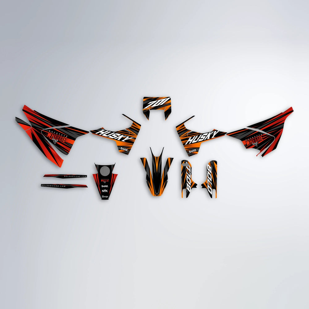 RAGE Husqvarna 701 graphics kit parts layout in Red & Orange