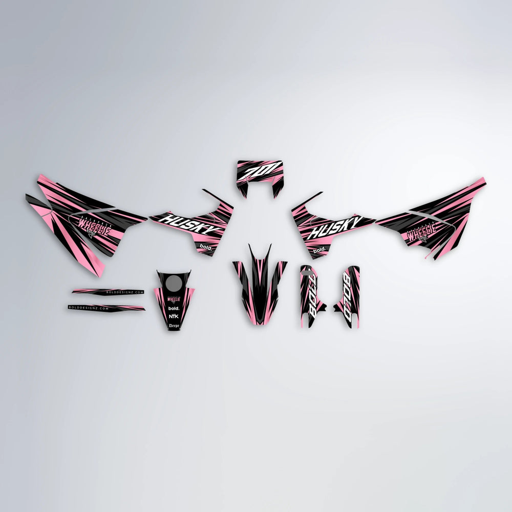 RAGE Husqvarna 701 graphics kit parts layout in Sakura Pink
