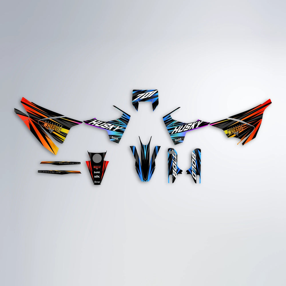 RAGE Husqvarna 701 graphics kit parts layout in Sunset Fade