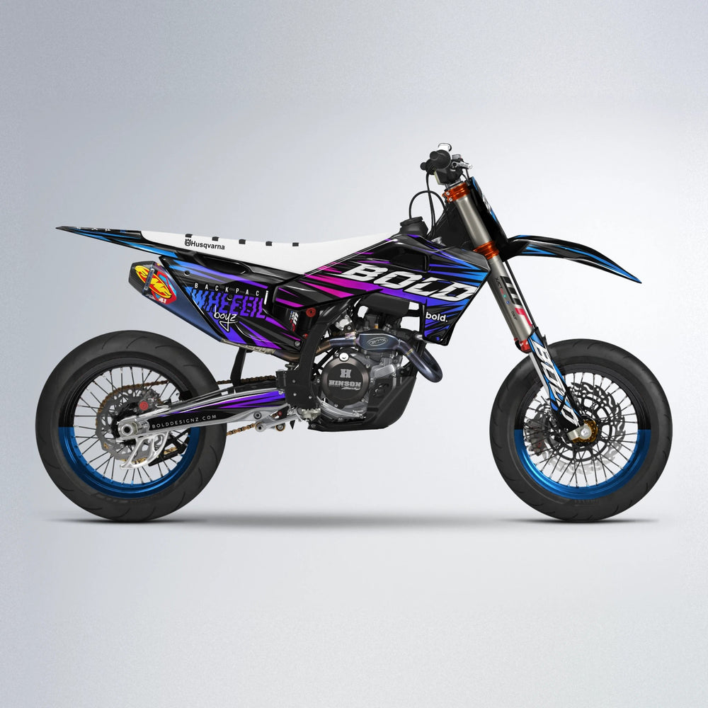 RAGE Husqvarna FE/TE supermoto graphics kit in Blue Purple Fade