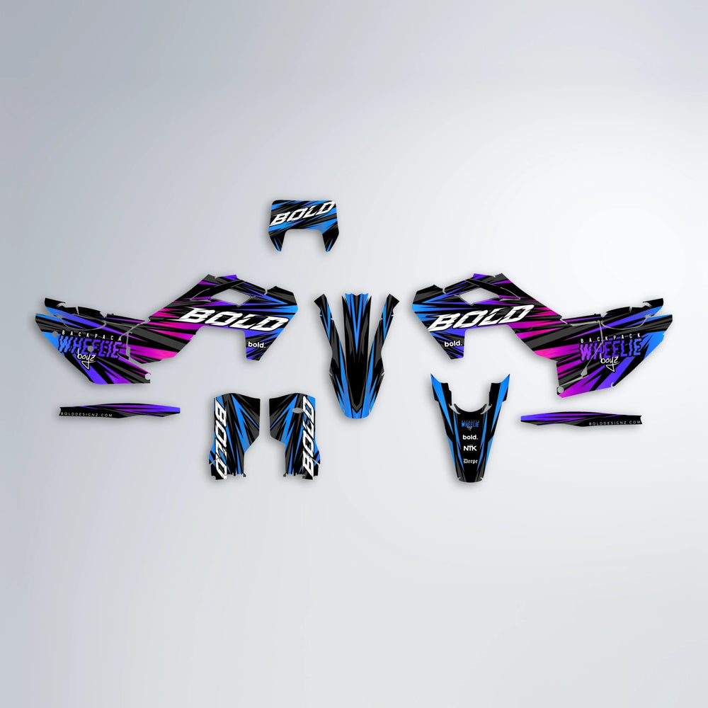 RAGE Husqvarna FE/TE graphics kit parts layout in Blue Purple Fade