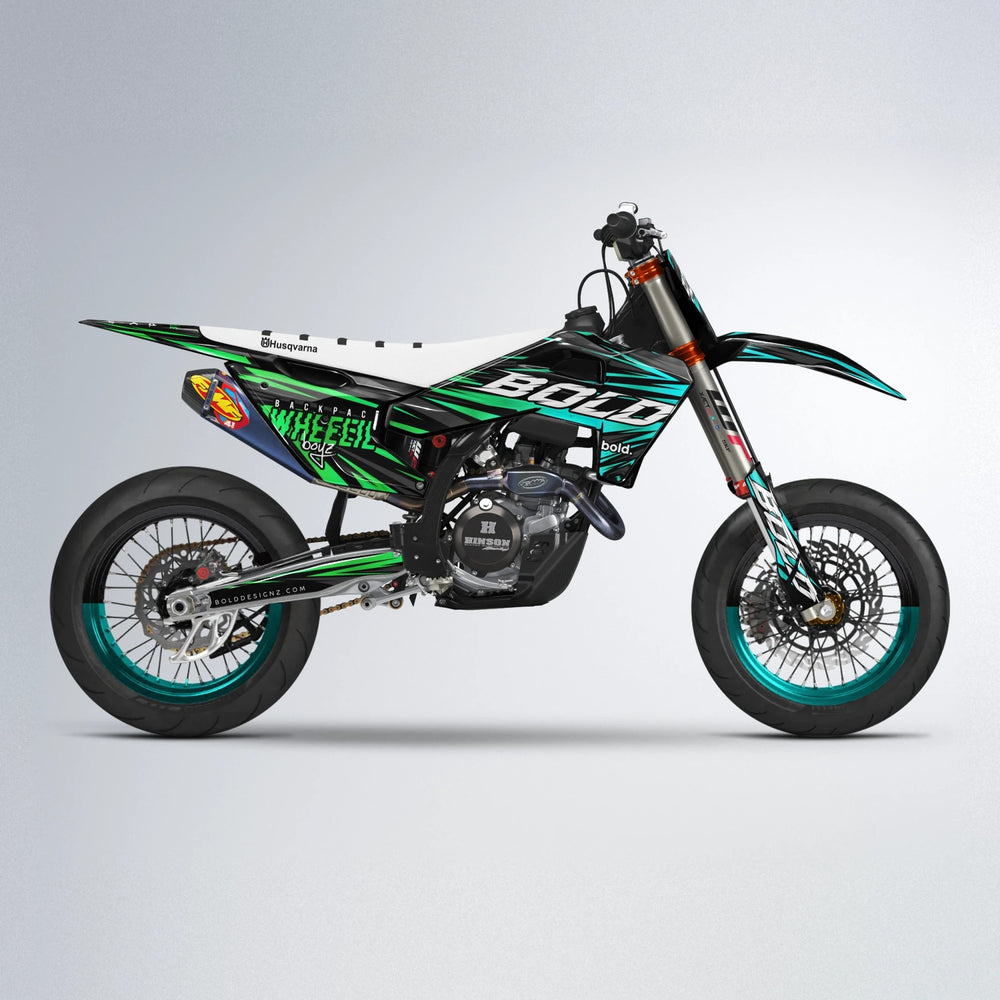 RAGE Husqvarna FE/TE supermoto graphics kit in Cyan & Green