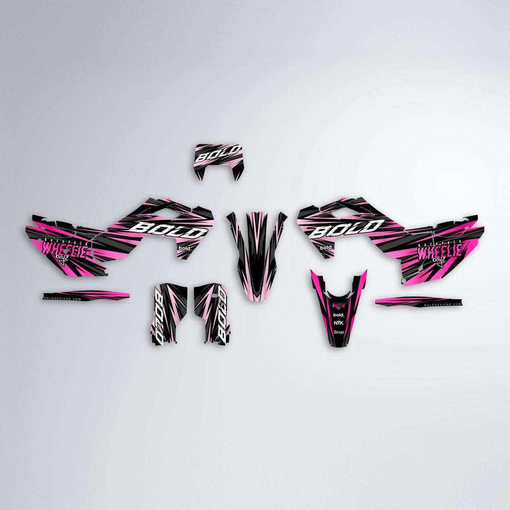 RAGE Husqvarna FE/TE graphics kit parts layout in Flamingo