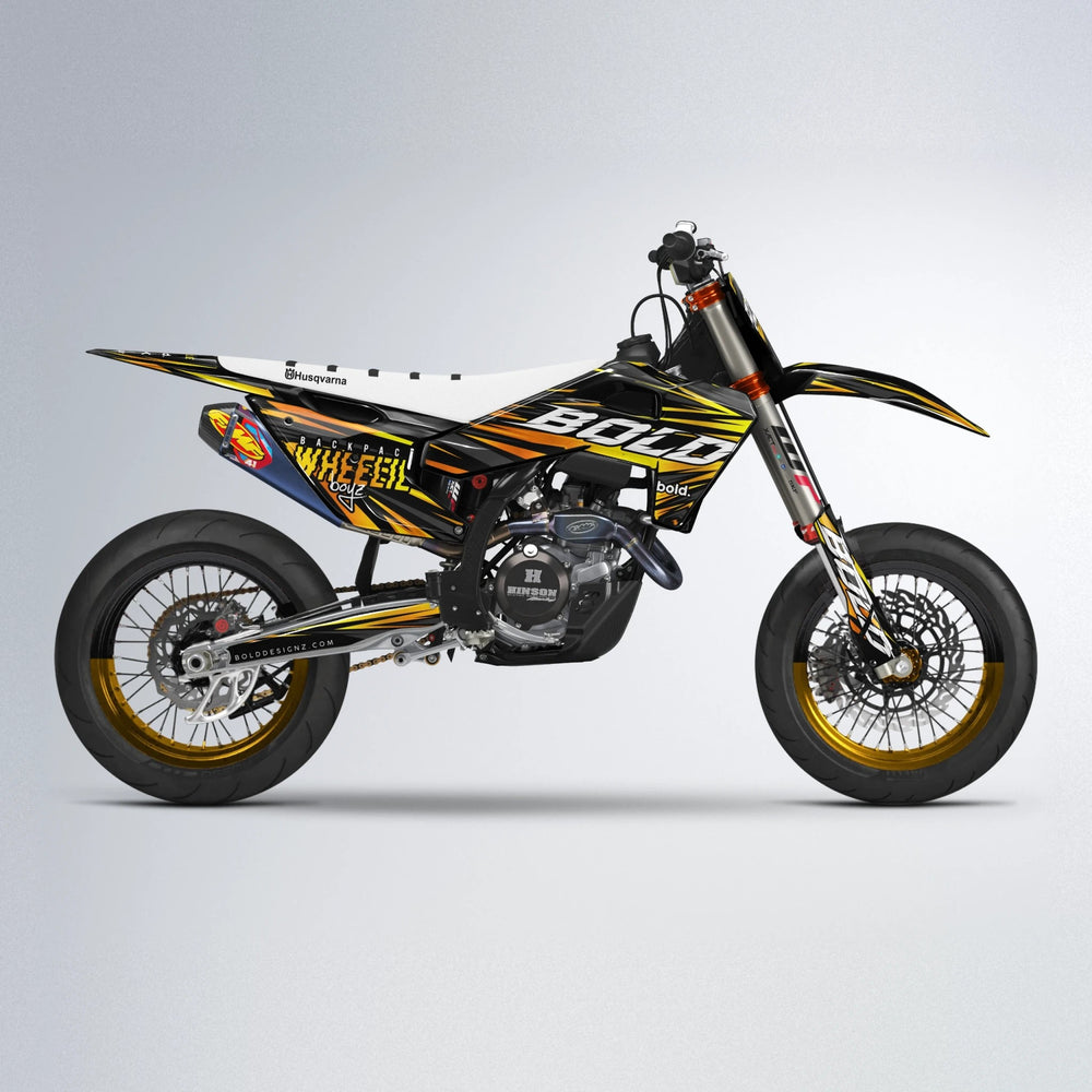 RAGE Husqvarna FE/TE supermoto graphics kit in Orange & Yellow
