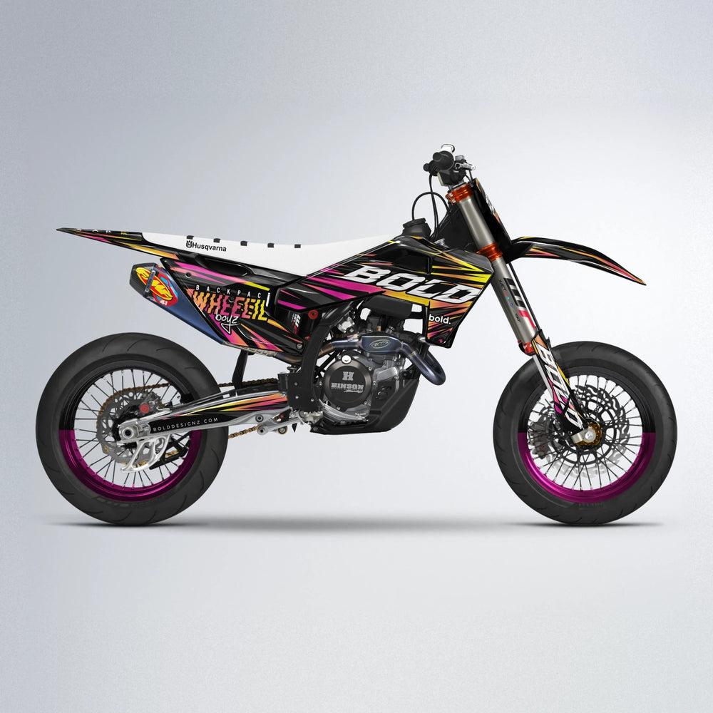RAGE Husqvarna FE/TE supermoto graphics kit in Pink & Yellow