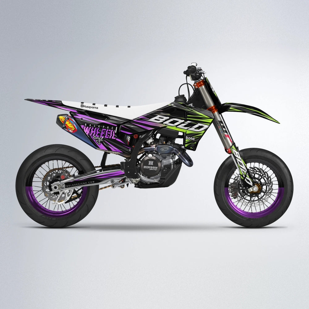 RAGE Husqvarna FE/TE supermoto graphics kit in Purple & Yellow
