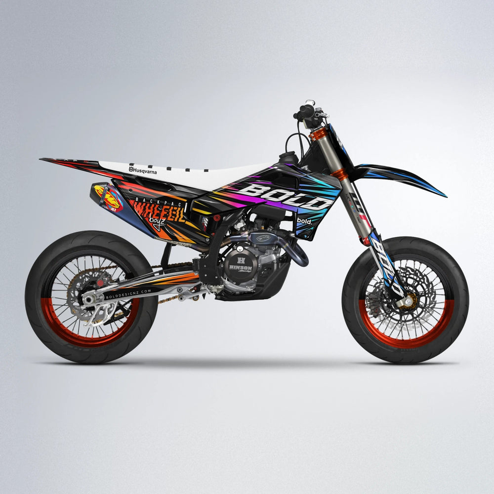 RAGE Husqvarna FE/TE supermoto graphics kit in Sunset Fade