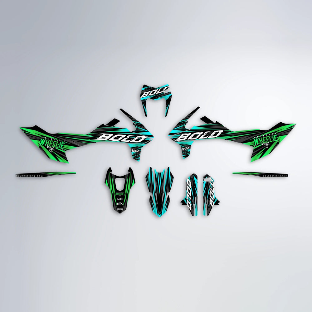 RAGE KTM SMC 690 graphics kit parts layout in Cyan & Green