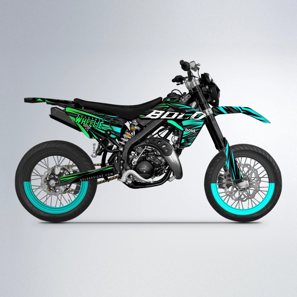 RAGE Rieju MRT supermoto graphics kit in Cyan & Green