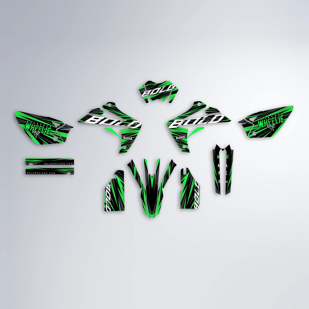 RAGE Rieju MRT graphics kit parts layout in Green