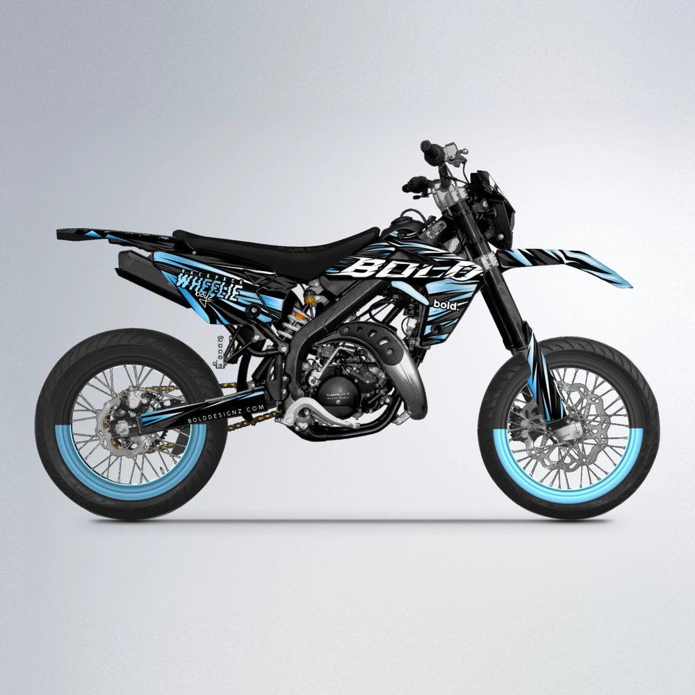 RAGE Rieju MRT supermoto graphics kit in Light Blue & White