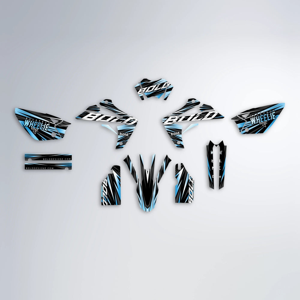 RAGE Rieju MRT graphics kit parts layout in Light Blue & White