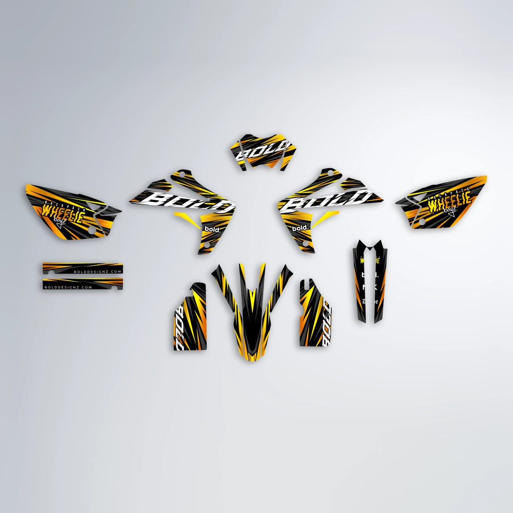 RAGE Rieju MRT graphics kit parts layout in Orange & Yellow