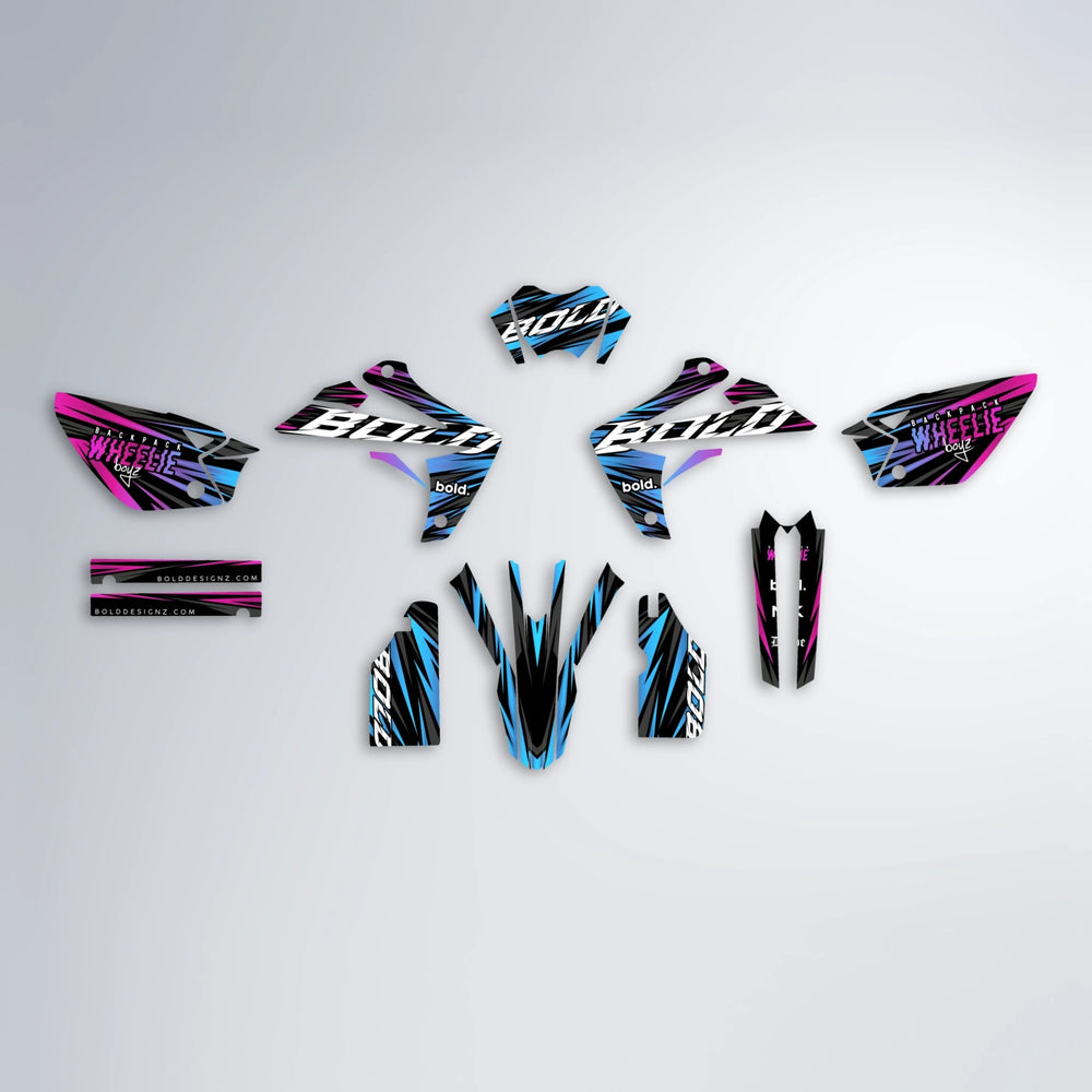 RAGE Rieju MRT graphics kit parts layout in Pink & Light Blue