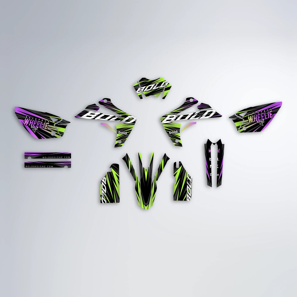 RAGE Rieju MRT graphics kit parts layout in Purple & Yellow
