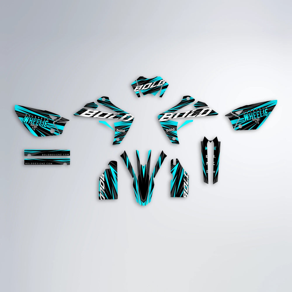 RAGE Rieju MRT graphics kit parts layout in Teal
