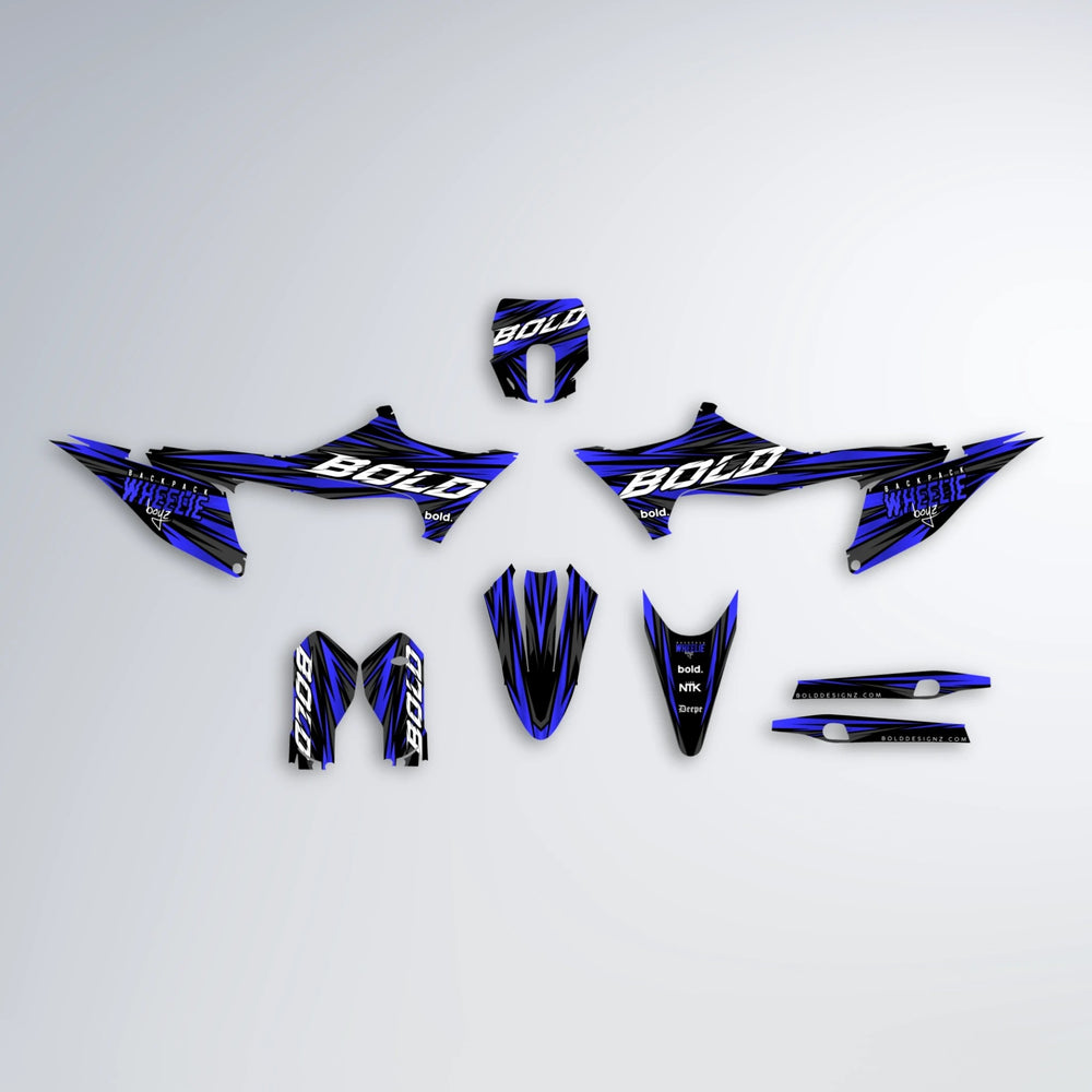 RAGE Stark Varg MX graphics kit parts layout in Blue