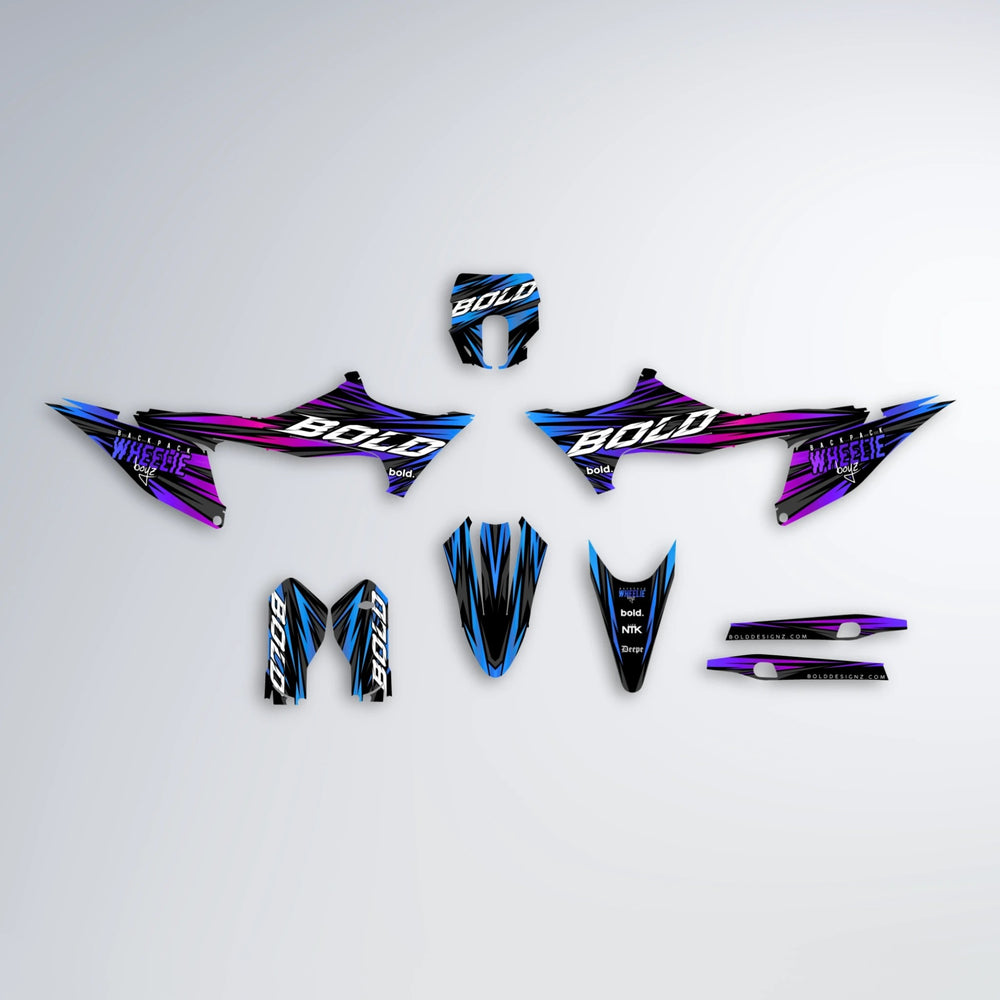 RAGE Stark Varg MX graphics kit parts layout in Blue Purple Fade