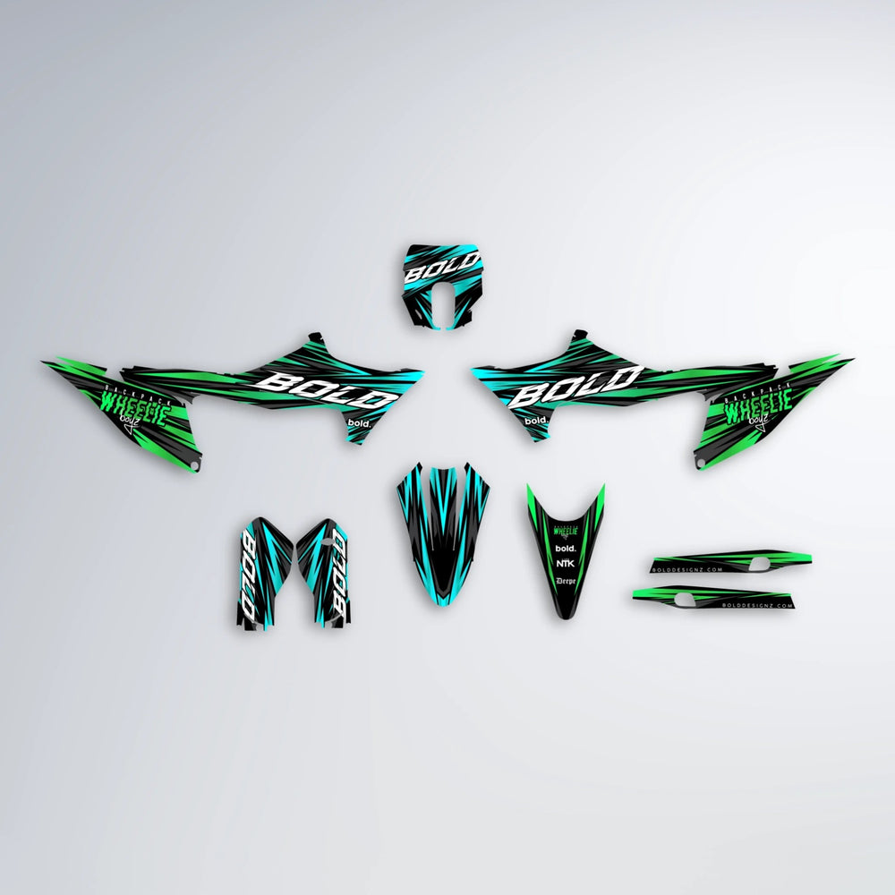RAGE Stark Varg MX graphics kit parts layout in Cyan & Green