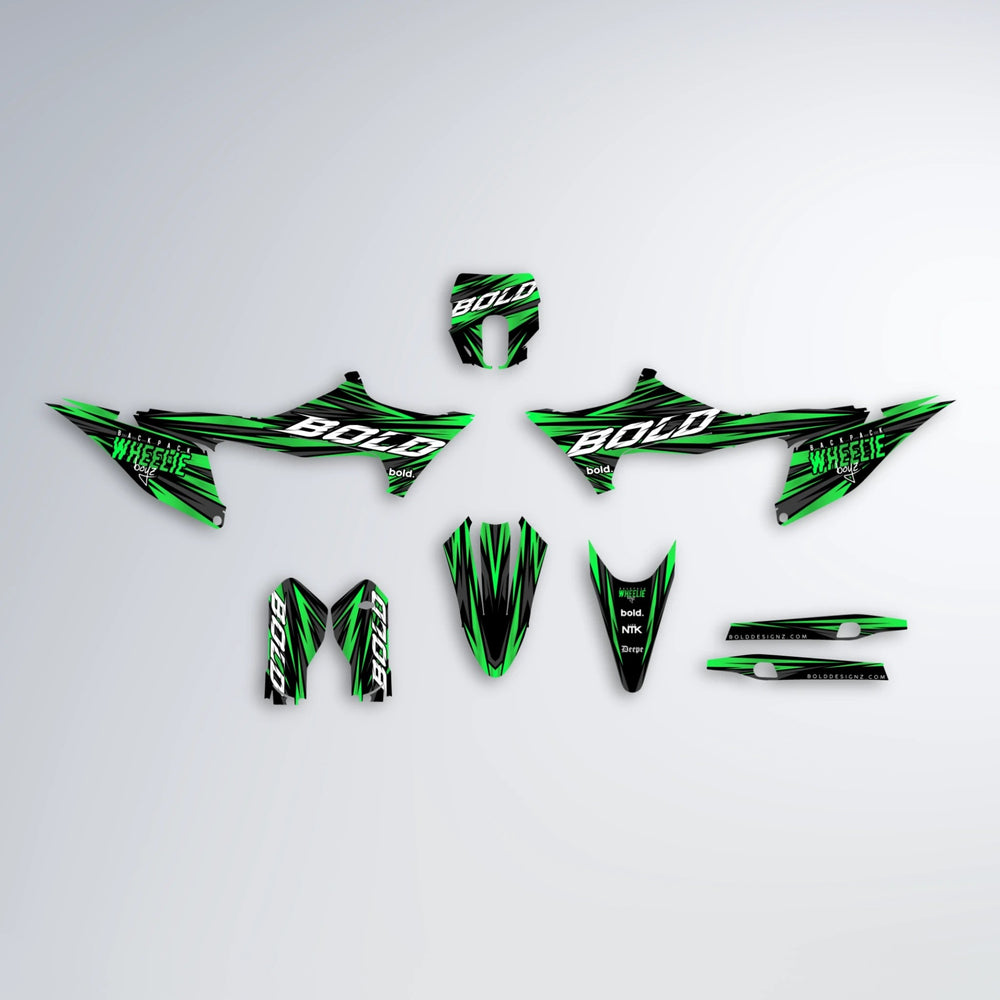 RAGE Stark Varg MX graphics kit parts layout in Green
