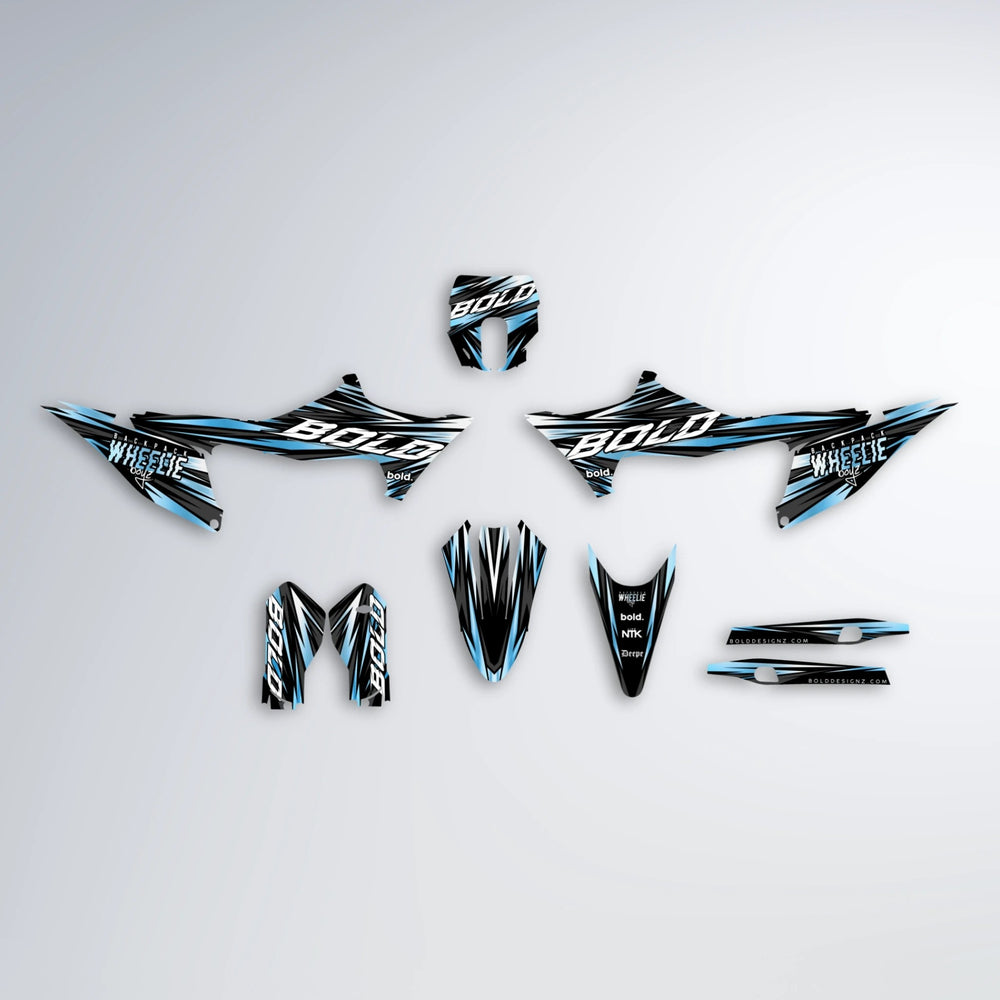 RAGE Stark Varg MX graphics kit parts layout in Light Blue & White