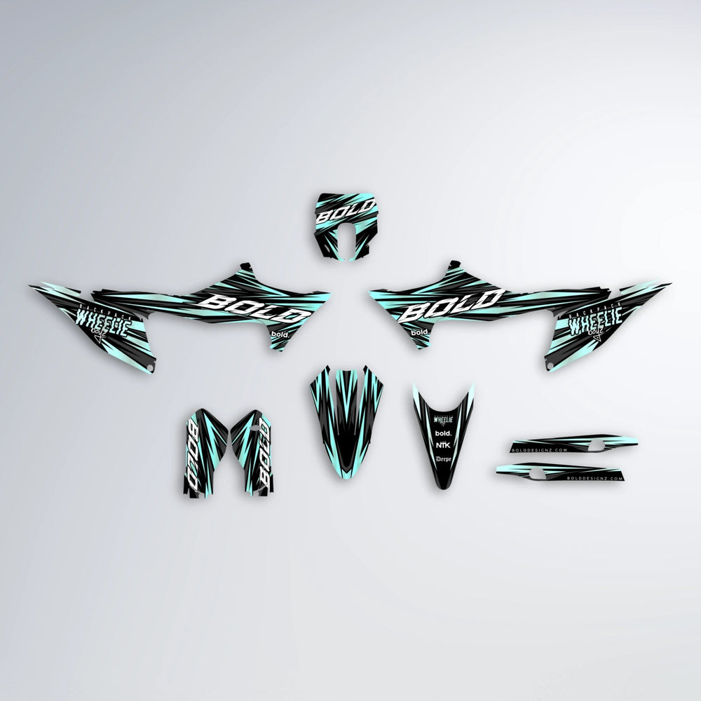 RAGE Stark Varg MX graphics kit parts layout in Mint