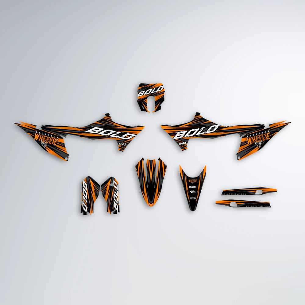 RAGE Stark Varg MX graphics kit parts layout in Orange