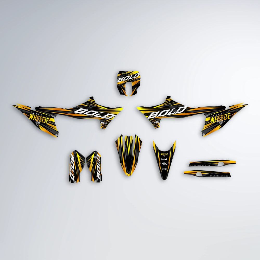 RAGE Stark Varg MX graphics kit parts layout in Orange & Yellow