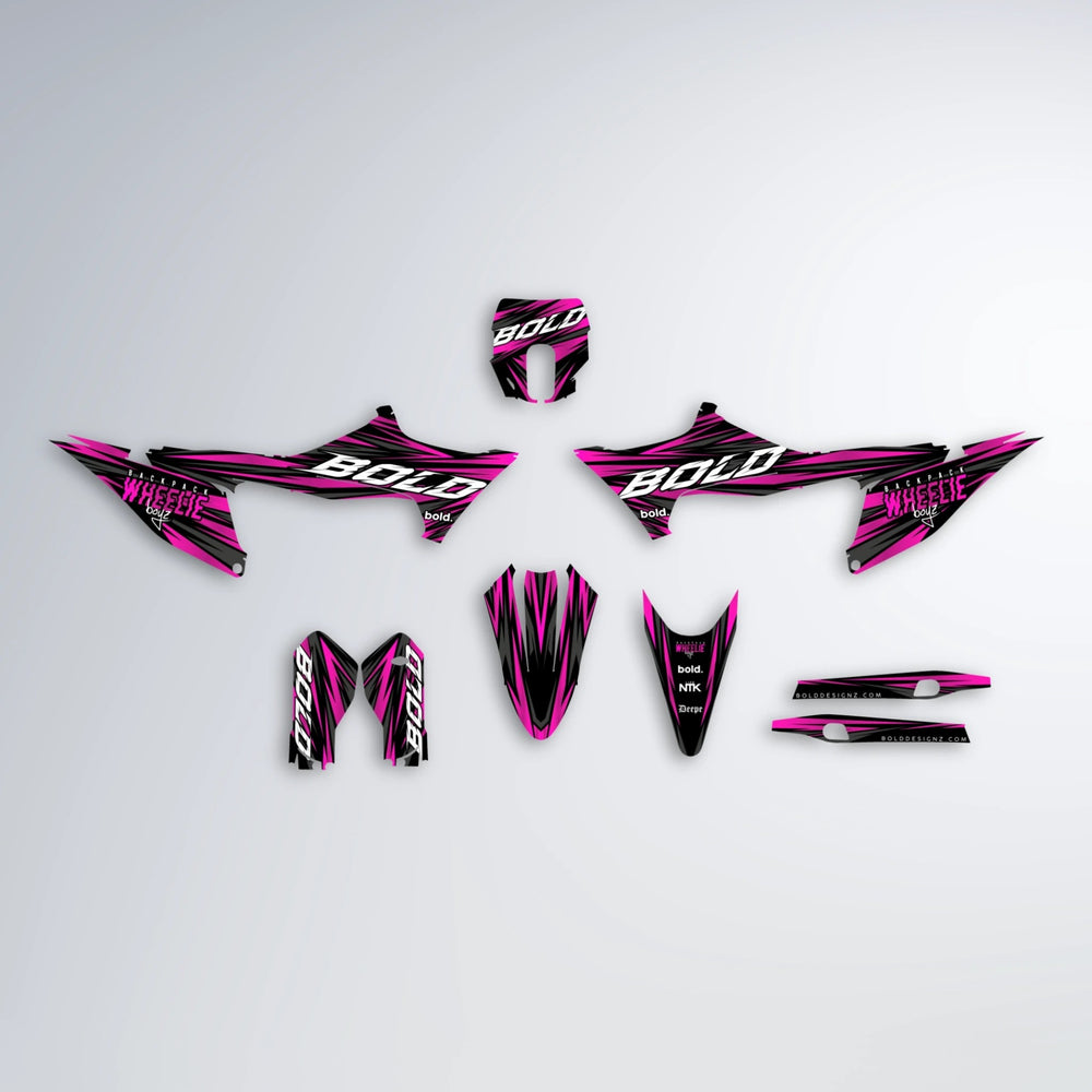 RAGE Stark Varg MX graphics kit parts layout in Pink