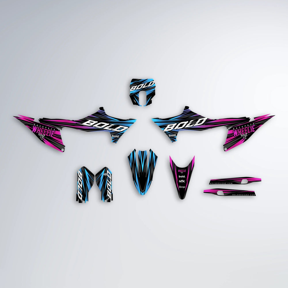 RAGE Stark Varg MX graphics kit parts layout in Pink & Light Blue