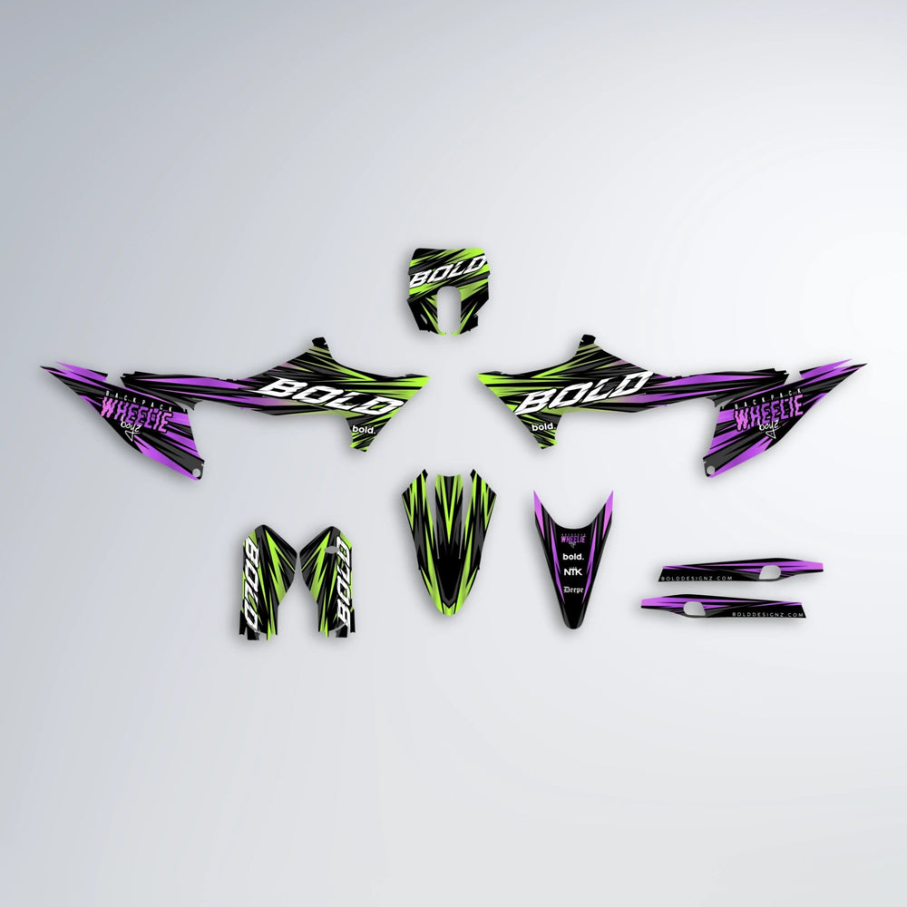 RAGE Stark Varg MX graphics kit parts layout in Purple & Yellow