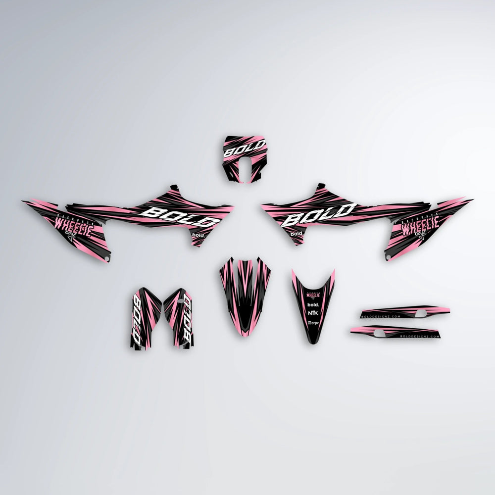 RAGE Stark Varg MX graphics kit parts layout in Sakura Pink